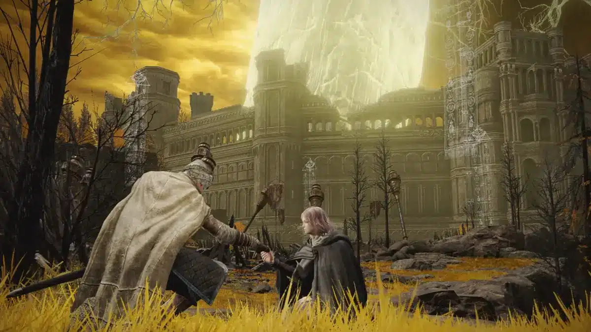 Two figures in medieval-style armor kneel facing each other in a golden, grassy field, reaching out hands in a gesture of connection. Behind them, a grand, imposing castle with many windows and towers stands under a bright, golden sky with a glowing, ethereal light source. The scene is set in a post-apocalyptic or fantasy environment, with bare trees and scattered rocks.