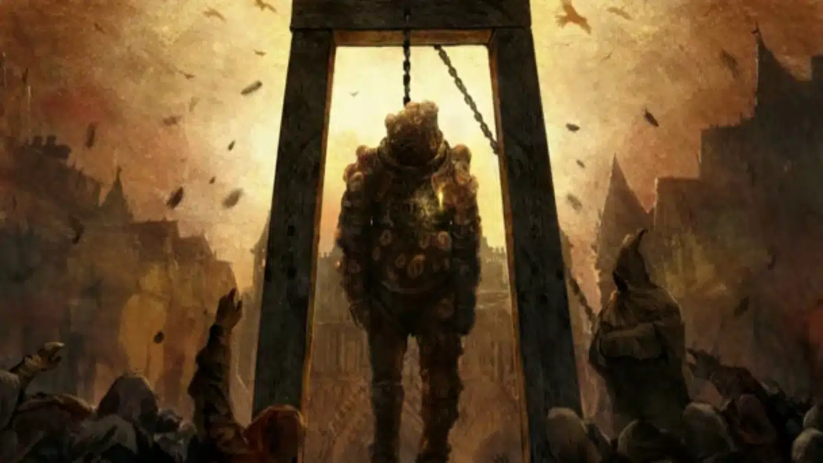 A grim, somber scene depicts a figure in ornate, textured armor hanging from a wooden gallows against a backdrop of medieval-style buildings and a stormy, sepia-toned sky. A crowd gathers below, some with arms raised, adding to the oppressive atmosphere.