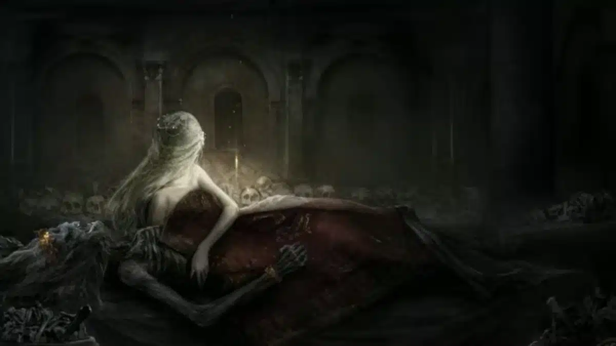 A ghostly female figure with long white hair reclines on a bed covered in a dark red cloth, her arm resting on a skeletal figure lying beside her. The background is a dark, cavernous hall filled with numerous skulls and bones, suggesting a tomb or graveyard setting.