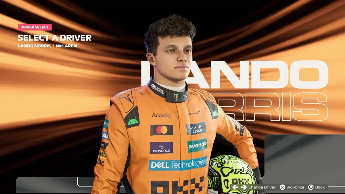 F1 25 driver selection screen showing Lando Norris in McLaren race gear on PS5