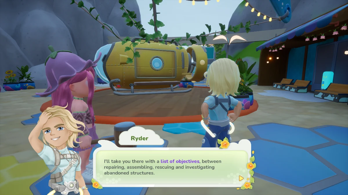 Two characters stand near a yellow submarine with a speech bubble indicating "Ryder" and dialogue about objectives including repairing, assembling, rescuing, and investigating abandoned structures.
