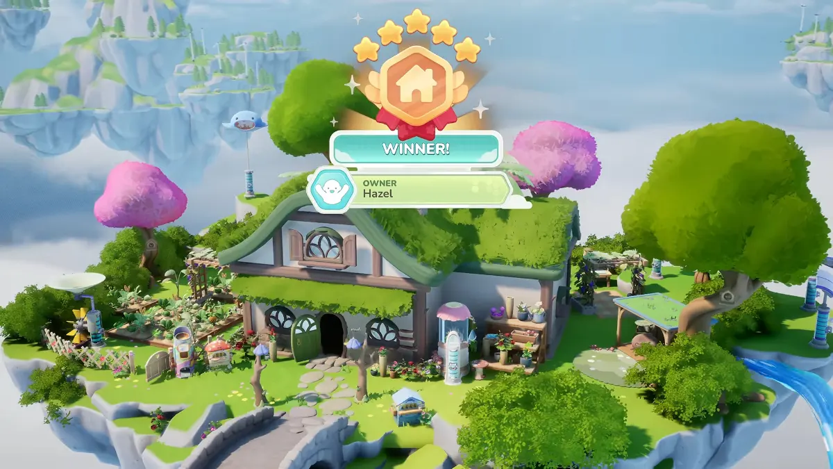 A whimsical, stylized video game victory screen displaying a charming cottage on a floating island, with a "WINNER!" banner and a five-star award medal.