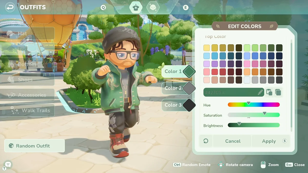 A customizable animated character in a video game, wearing a green jacket, dark pants, boots, and a beanie, is shown in an outfit customization menu.