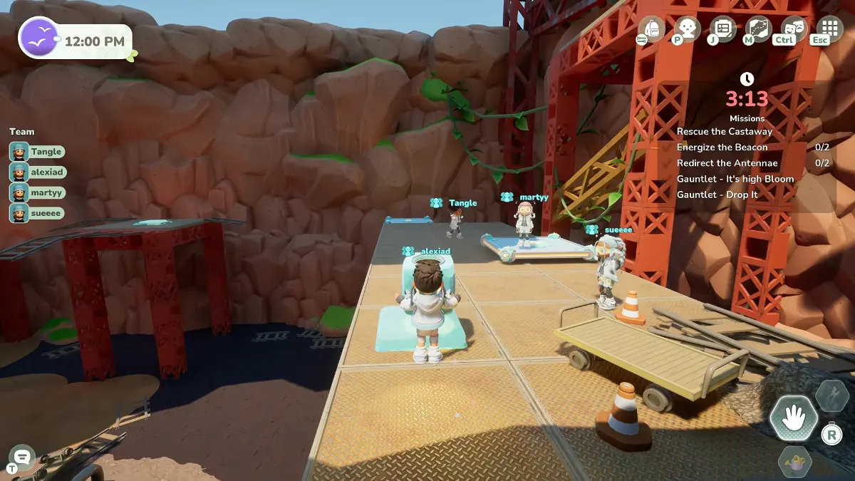 A colorful video game scene with stylized characters standing on platforms in a rocky, industrial environment, with a mission list and timer in the top right corner.