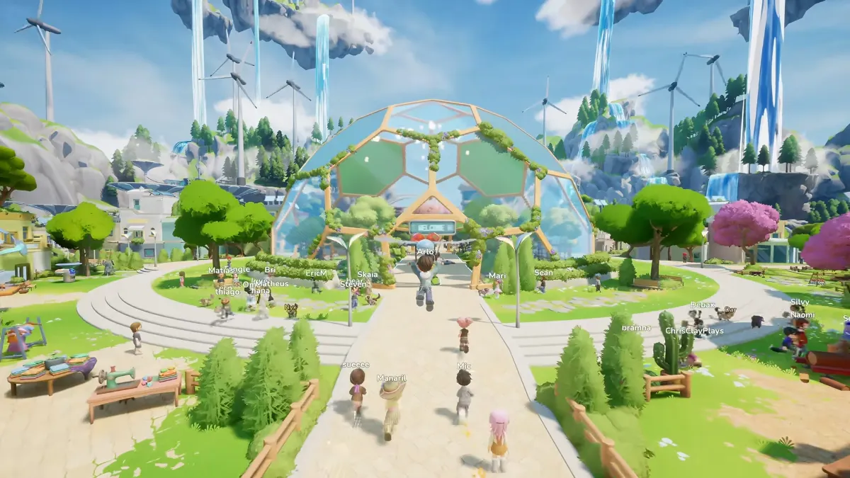 A vibrant, stylized digital world with a large geodesic dome as the central structure, surrounded by whimsical buildings, lush green landscapes, wind turbines, and floating waterfalls. Many small, cartoonish avatars are scattered throughout the scene, some interacting with each other or objects.