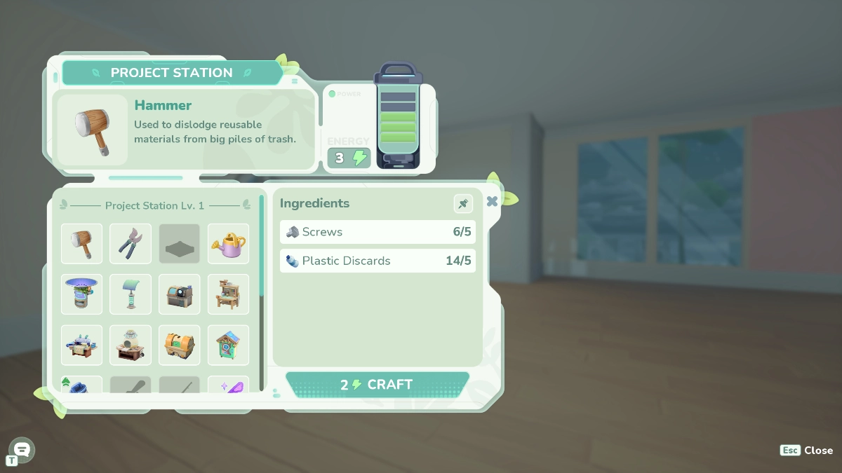 A video game crafting interface showing a project station with a hammer selected. The hammer's description says it is used to dislodge reusable materials from big piles of trash. The ingredients list shows 6/5 screws and 14/5 plastic discards are needed to craft. A battery icon indicates 3 power.