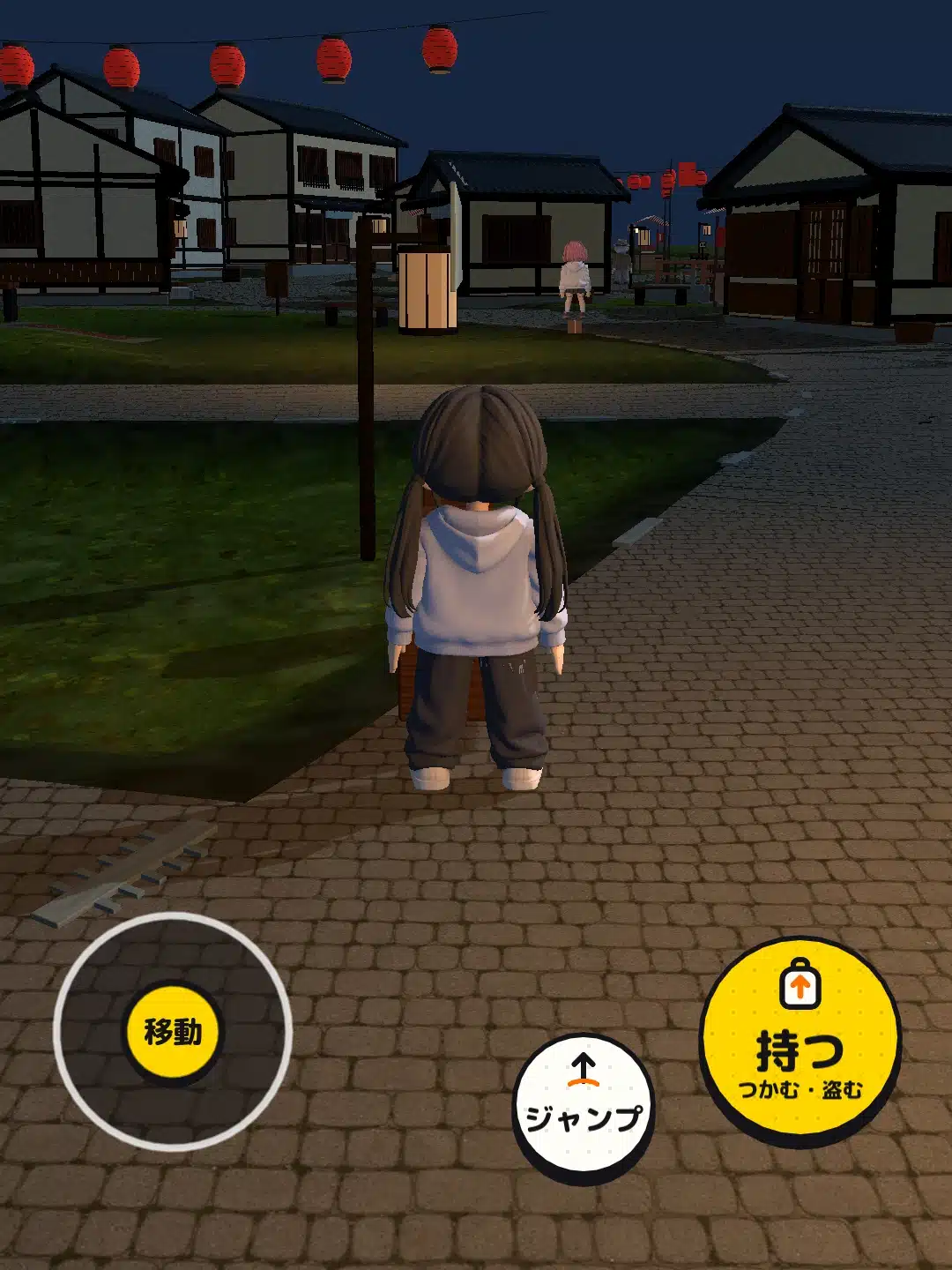 MANBIKI MAYHEM Mobile gameplay showing a character exploring a Japanese onsen town at night, with lanterns, traditional buildings and touchscreen controls.