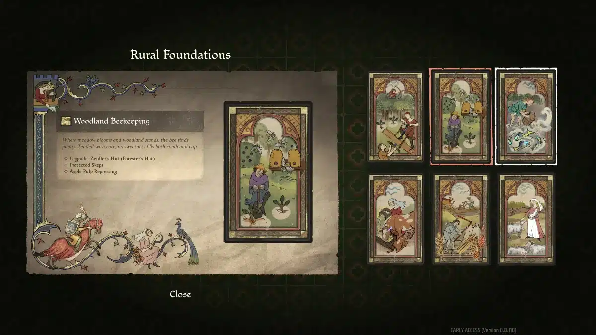 Manor Lords Rural Foundations Development Perks screen showing Woodland Beekeeping and six perk cards