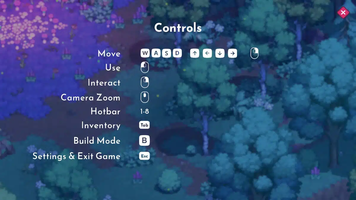 Controls menu showing keyboard and mouse inputs for game actions like movement, interaction, camera zoom, hotbar, inventory, build mode, and settings.
