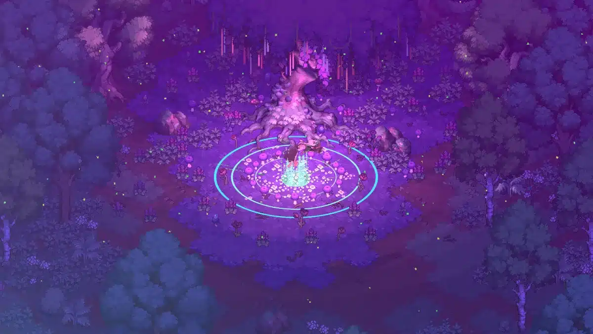 A mystical forest clearing bathed in purple light, featuring a large, ornate tree with glowing roots, a central circular ritualistic area with a bright light emanating from its center, and surrounded by glowing flora and mushrooms.