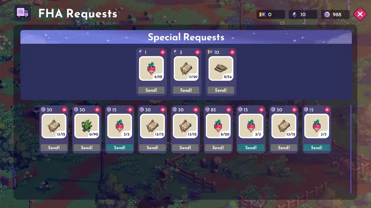 A video game interface titled "FHA Requests" with a section labeled "Special Requests". This section displays multiple request cards, each showing an item icon, quantity required, and a "Send!" button. The items include radishes, rolled parchment, and stacked wood planks, with varying quantities like 6/10 radishes, 13/20 parchment, and 0/14 wood planks. Below this are more request cards with completed or partially completed requests.