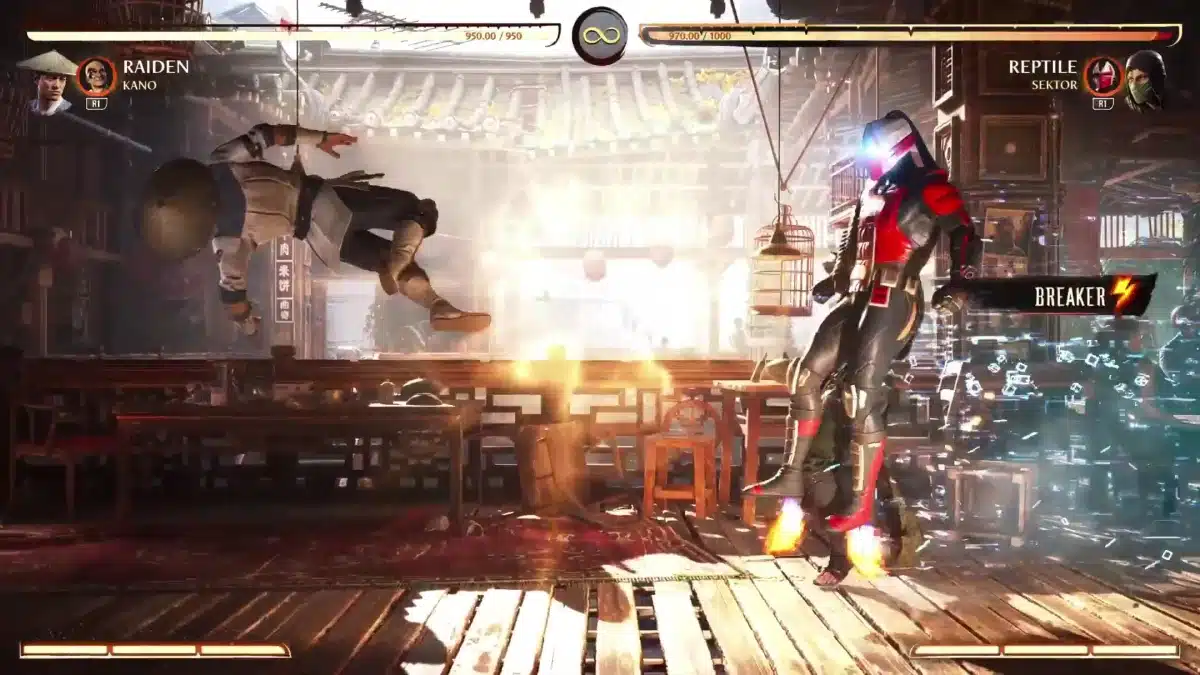 Sektor interrupts an opponent's combo with a Kombo Breaker in Mortal Kombat 1.