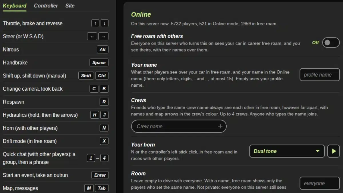 Need for Speed Underground 2 browser settings showing keyboard controls, online player counts, free roam, crews and multiplayer room options.