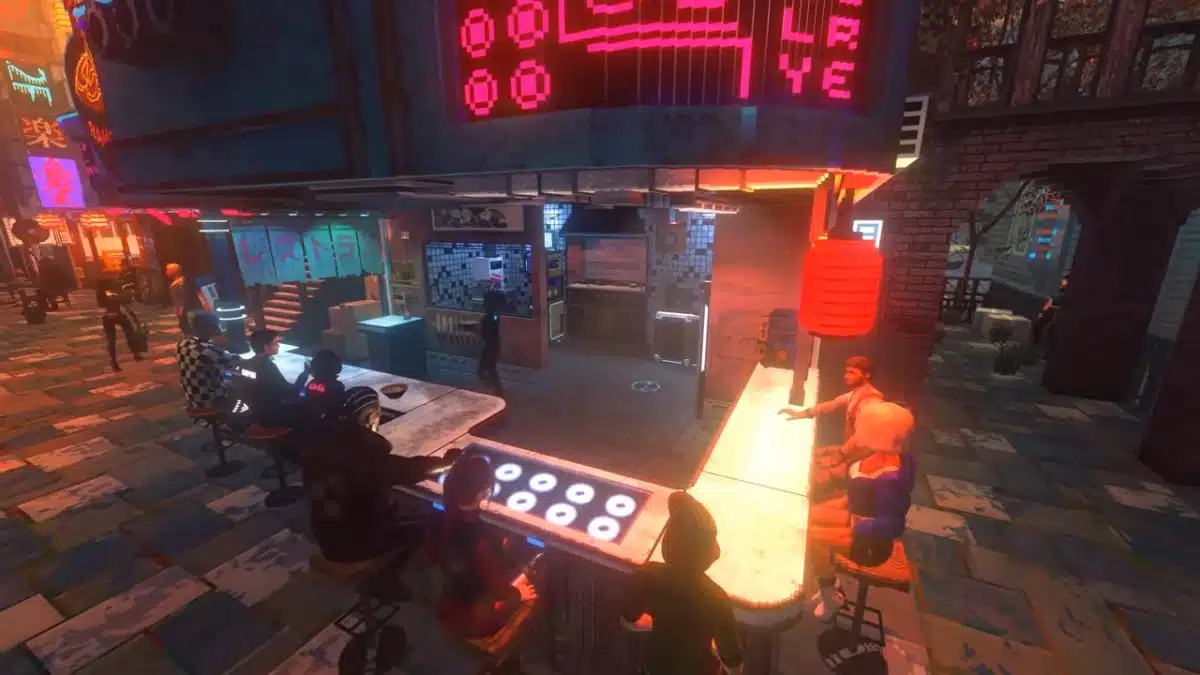 A cyberpunk bar scene with neon lights and people sitting at a bar.