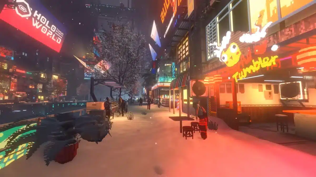 A nighttime cyberpunk street scene with a canal on the left, illuminated by neon signs.