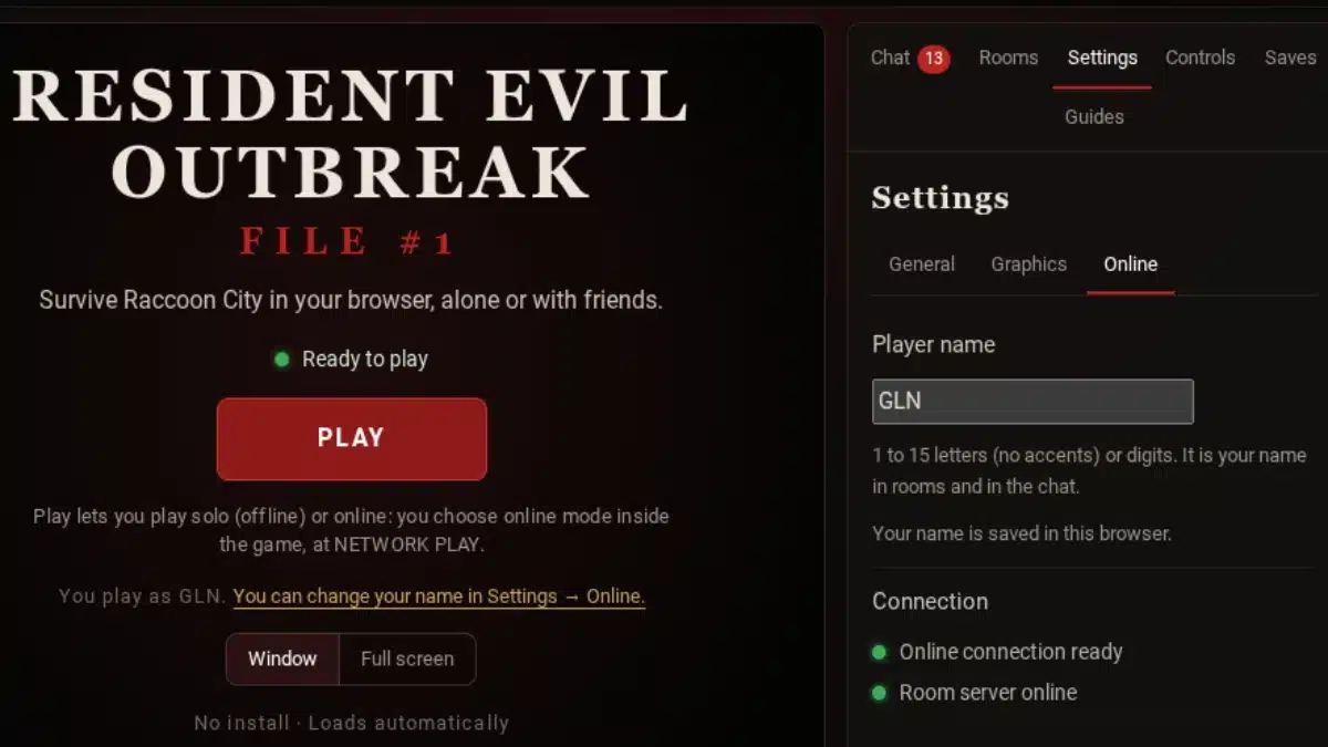 Resident Evil Outbreak File 1 running in a web browser, showing the Play button, online settings and active room server connection.