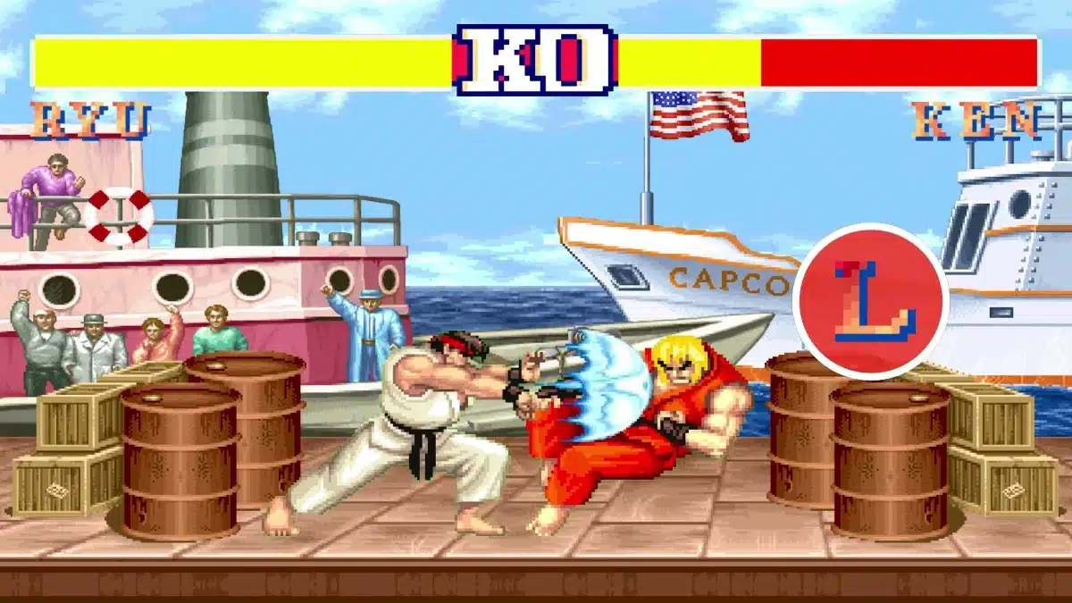 Ryu's Hadouken finishing Ken in Atlas Arcade's playable Street Fighter II YouTube video.