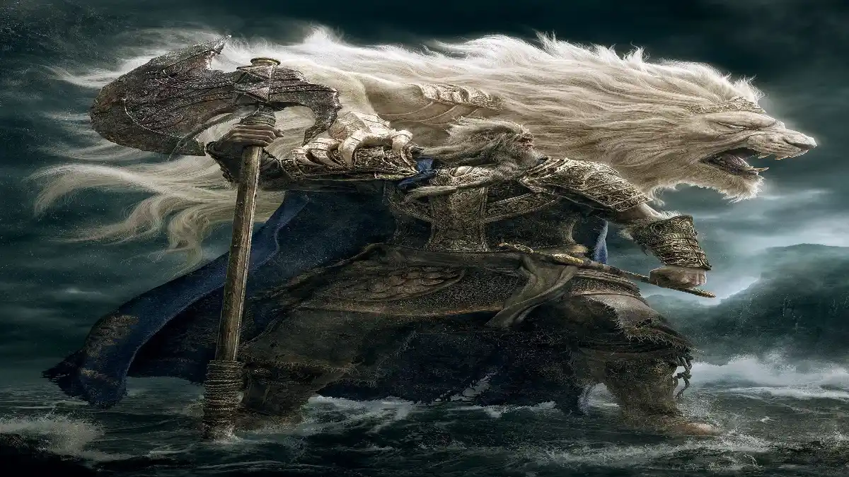 A formidable warrior in ornate armor stands in rough, choppy waters, wielding a massive, ancient axe. Behind him, a majestic, golden-maned creature with the head of a lion emerges from a swirling mist, its mouth open in a roar. The overall mood is dark and epic.
