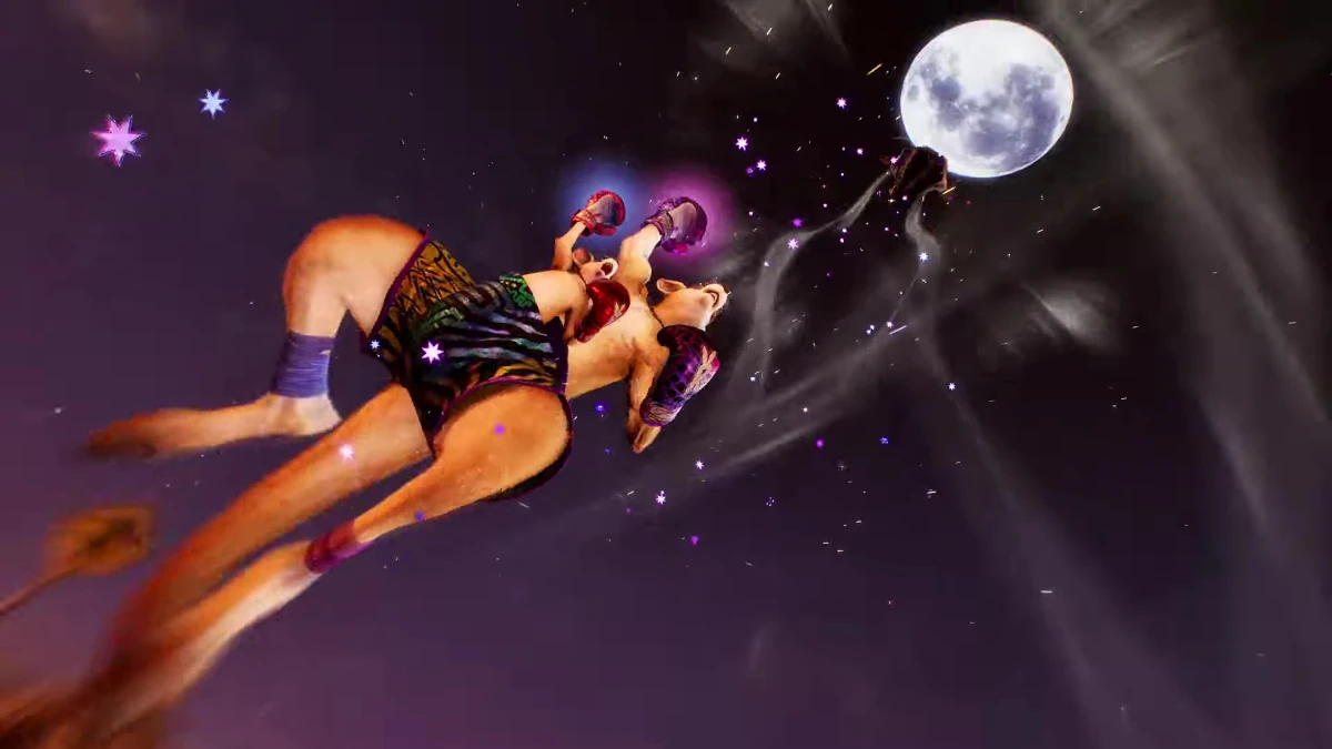 Roger Jr. and his mother flying towards the moon during their Rage Art in Tekken 8