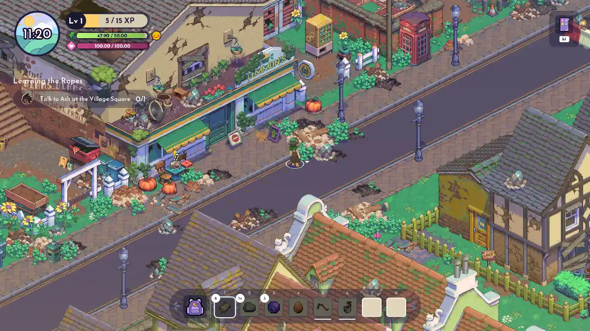 A top-down isometric view of a video game environment showing a charming, slightly rundown village street with cobblestone sidewalks, a street lamp, and various buildings. One building, a shop with green awnings and flower boxes, has a sign that reads "Lemmon's". Scattered debris, pumpkins, and foliage suggest a recent event or ongoing cleanup. A character stands in the middle of the street. A user interface overlay shows the time, player level, experience points, and inventory items.