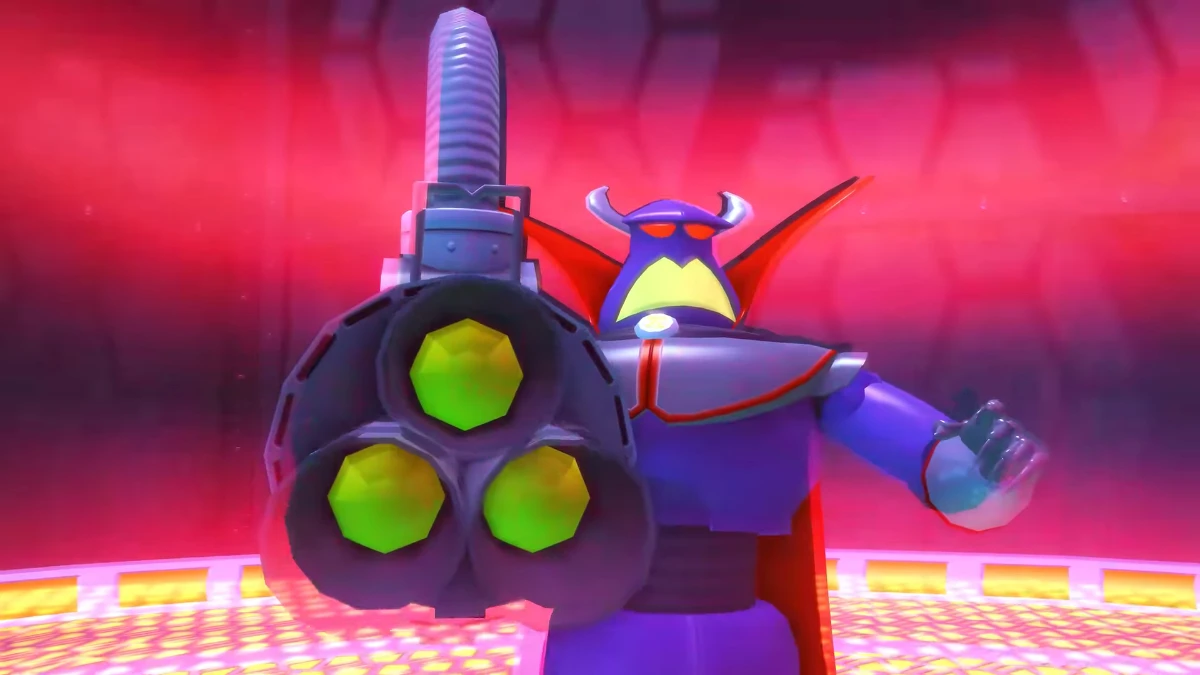 Emperor Zurg aims his triple-barrel blaster in Toy Story 3: Complete Edition.