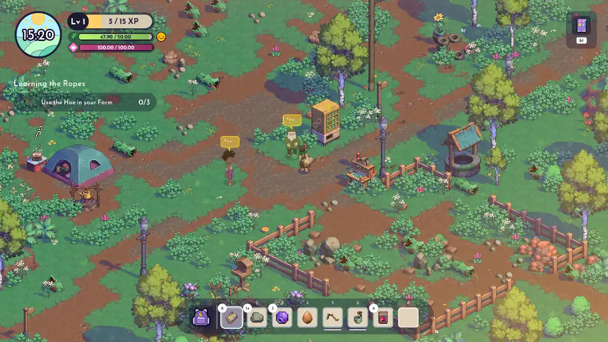 An isometric farming simulation game scene showing a character by a tent, with in-game UI elements including time, level, experience, health, and stamina bars, and a quest prompt.