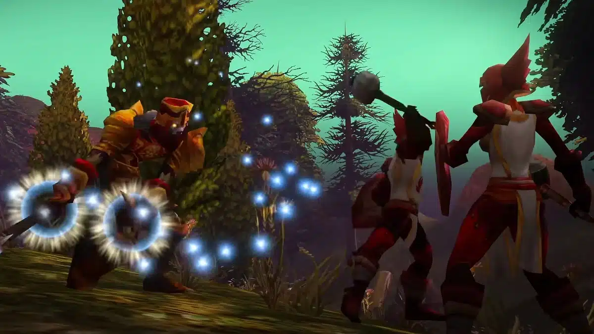 Fantasy characters in combat, one with glowing magical orbs on its arms, the other with a mace raised in a forest setting.