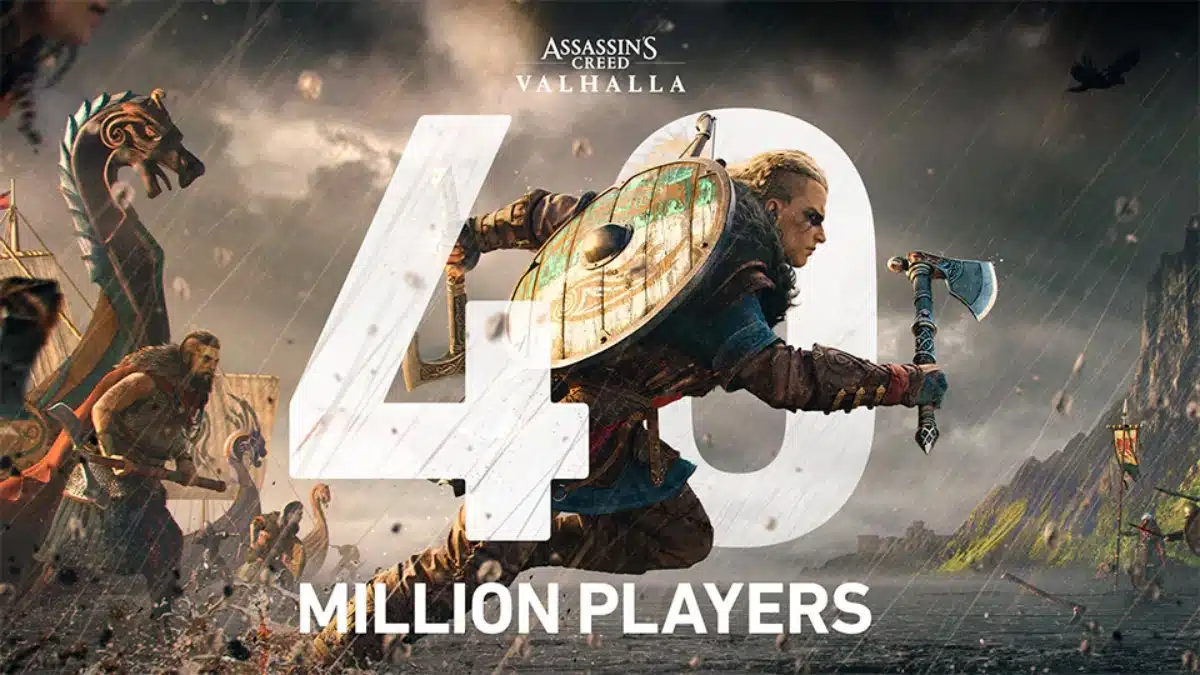 Ubisoft promotional graphic celebrating 40 million Assassin's Creed Valhalla players.