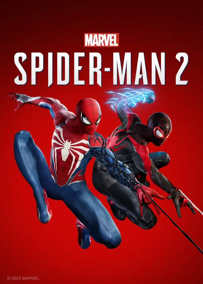 Marvel’s Spider-Man 2 cover featuring Peter Parker and Miles Morales on a red background.