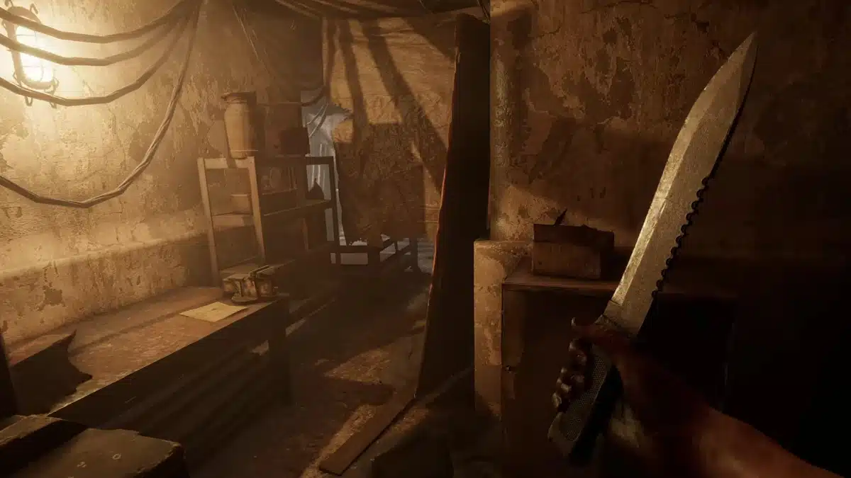 First-person view of a knife in a lit-up, abandoned interior in MOLOKAUST.