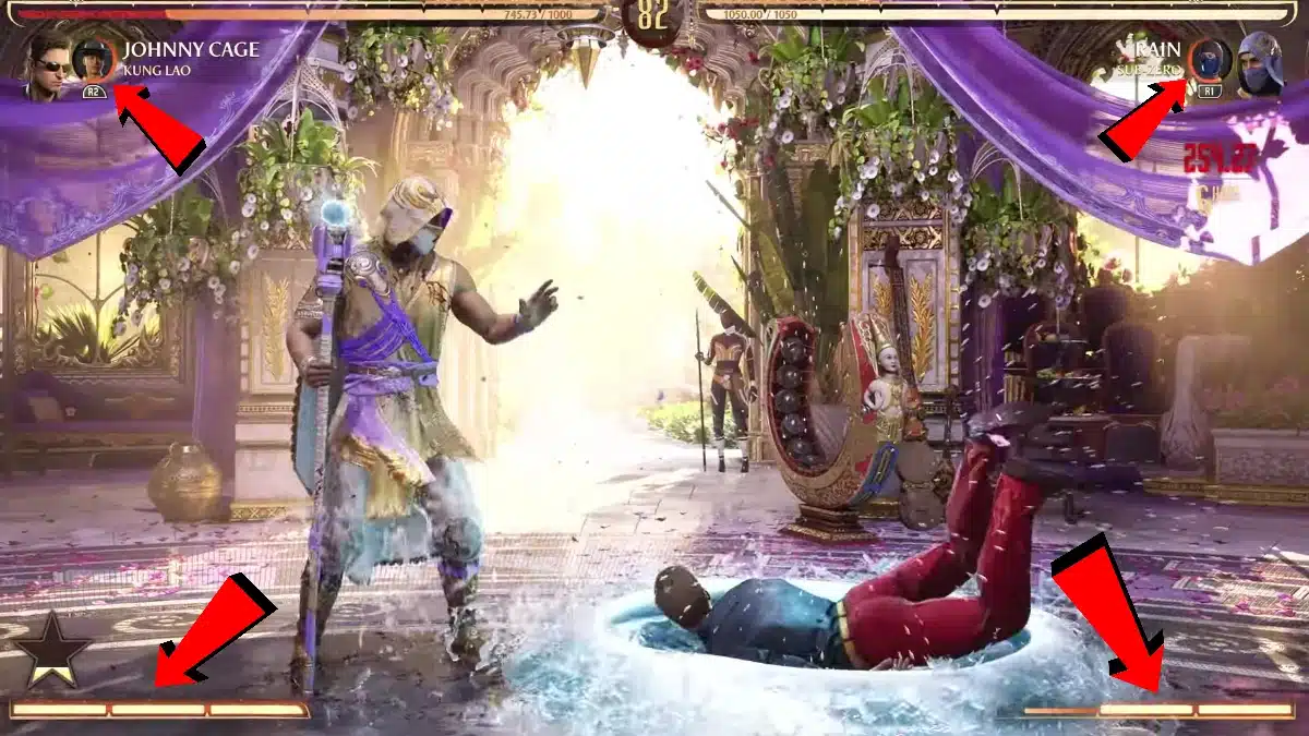 Mortal Kombat 1 combat HUD showing Johnny Cage with three full Super Meter segments, Rain with partially depleted meter, and darkened Kung Lao and Sub-Zero Kameo portraits.