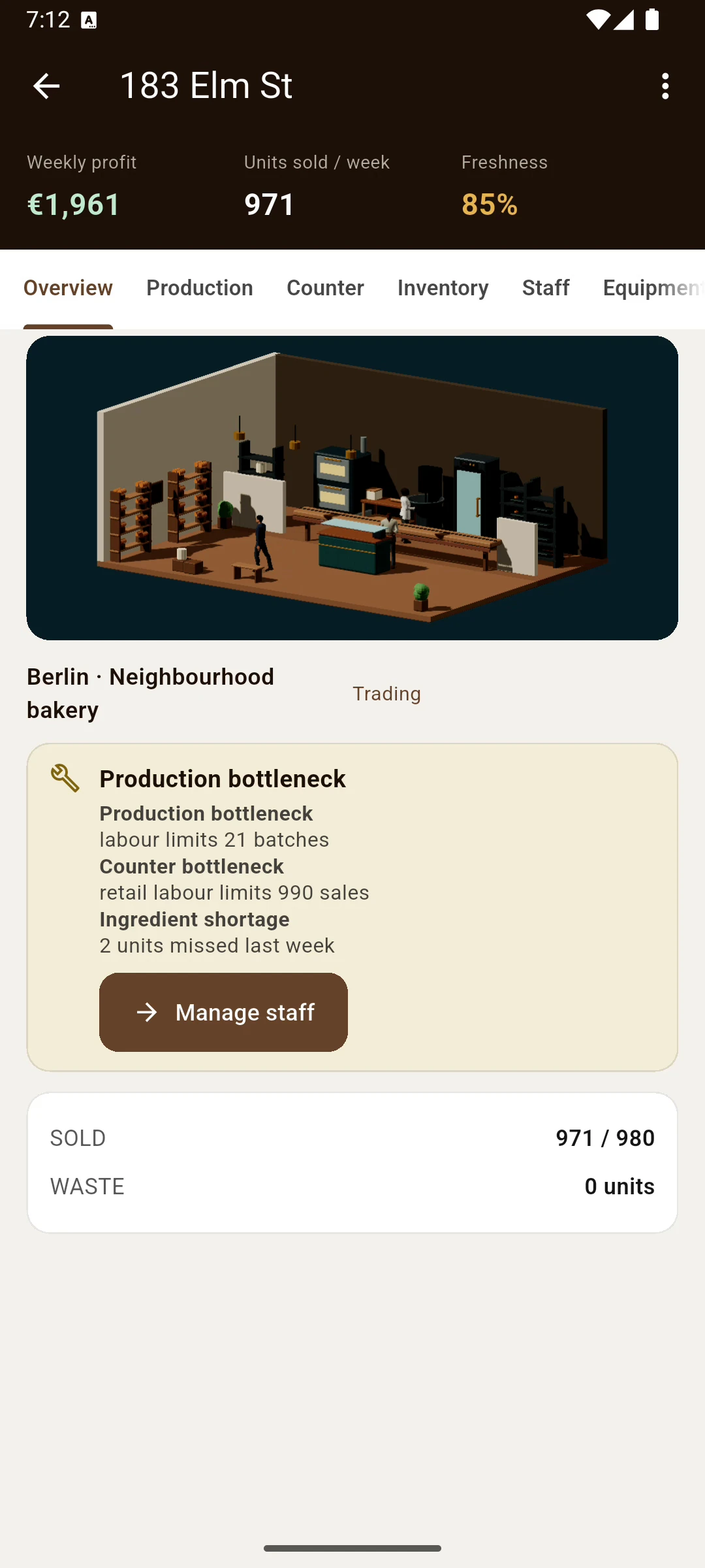 Bakery management gameplay in Percolate: Business Tycoon