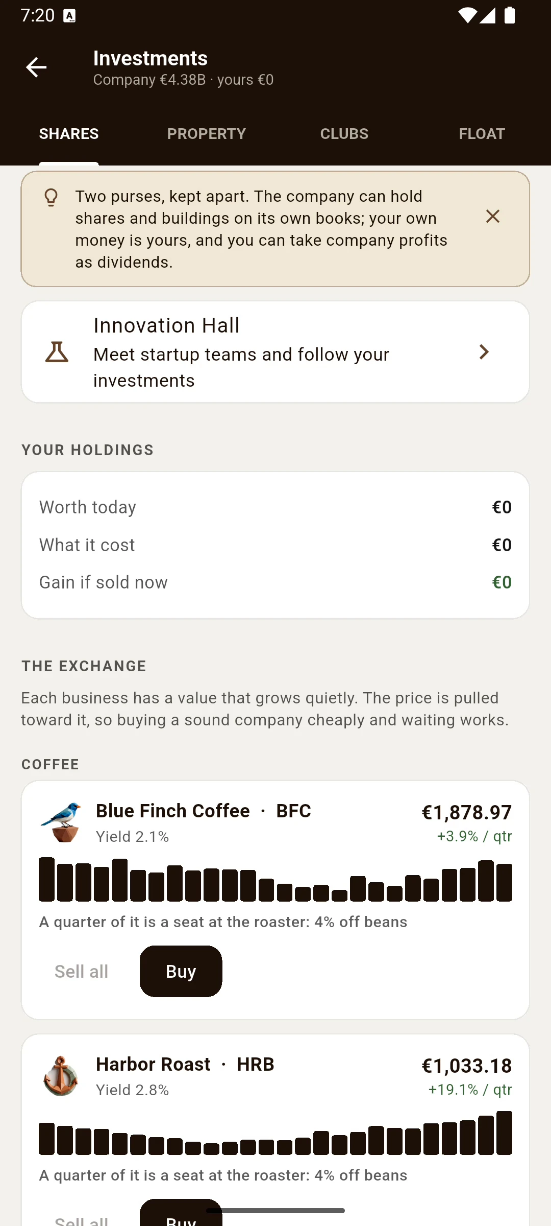Stock-market investment screen in Percolate: Business Tycoon.