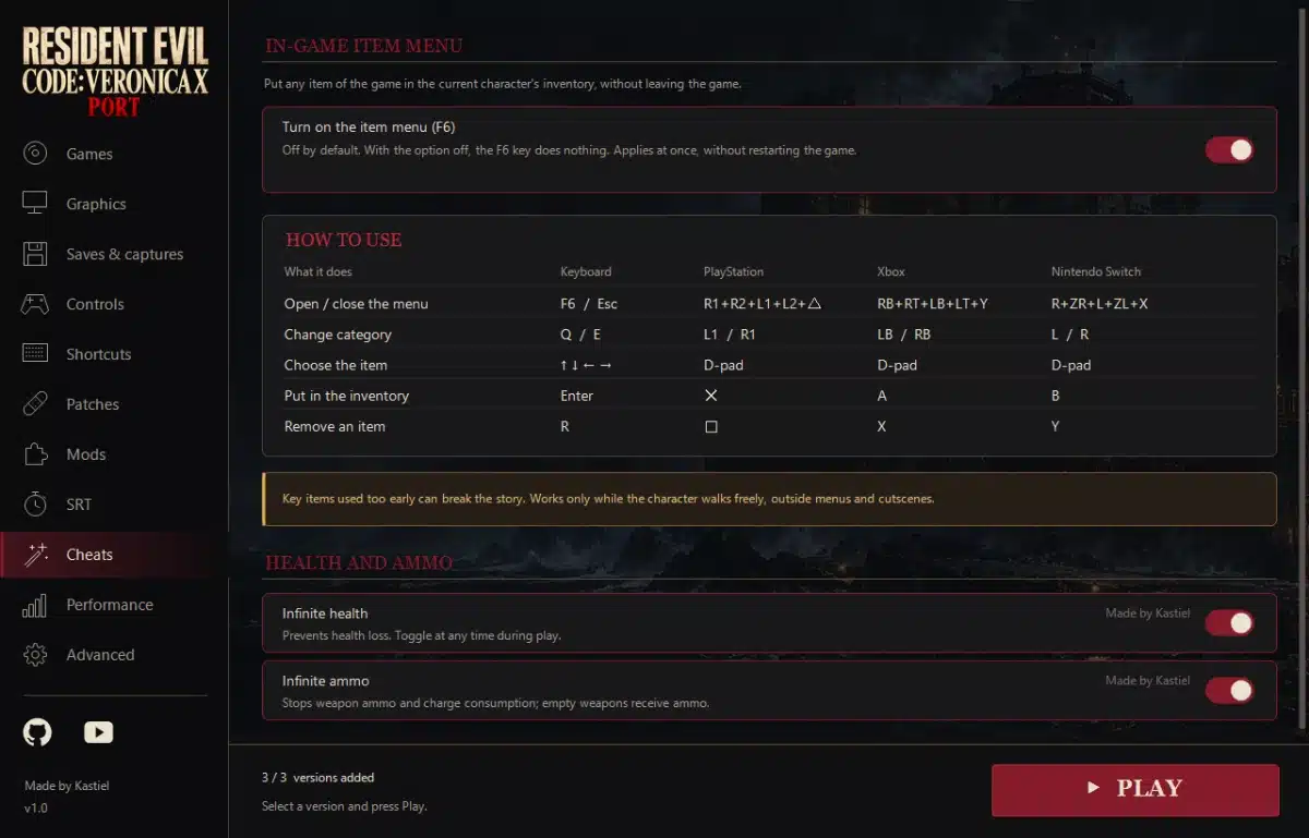 Resident Evil Code Veronica X PC port Cheats menu showing an in-game item manager and infinite health and ammunition options.