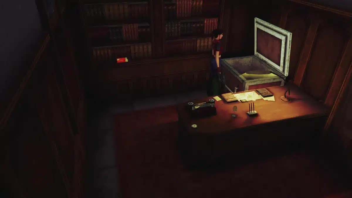 Clair Redfield standing beside an open storage chest near bookshelves and a wooden desk in Resident Evil Code Veronica X.