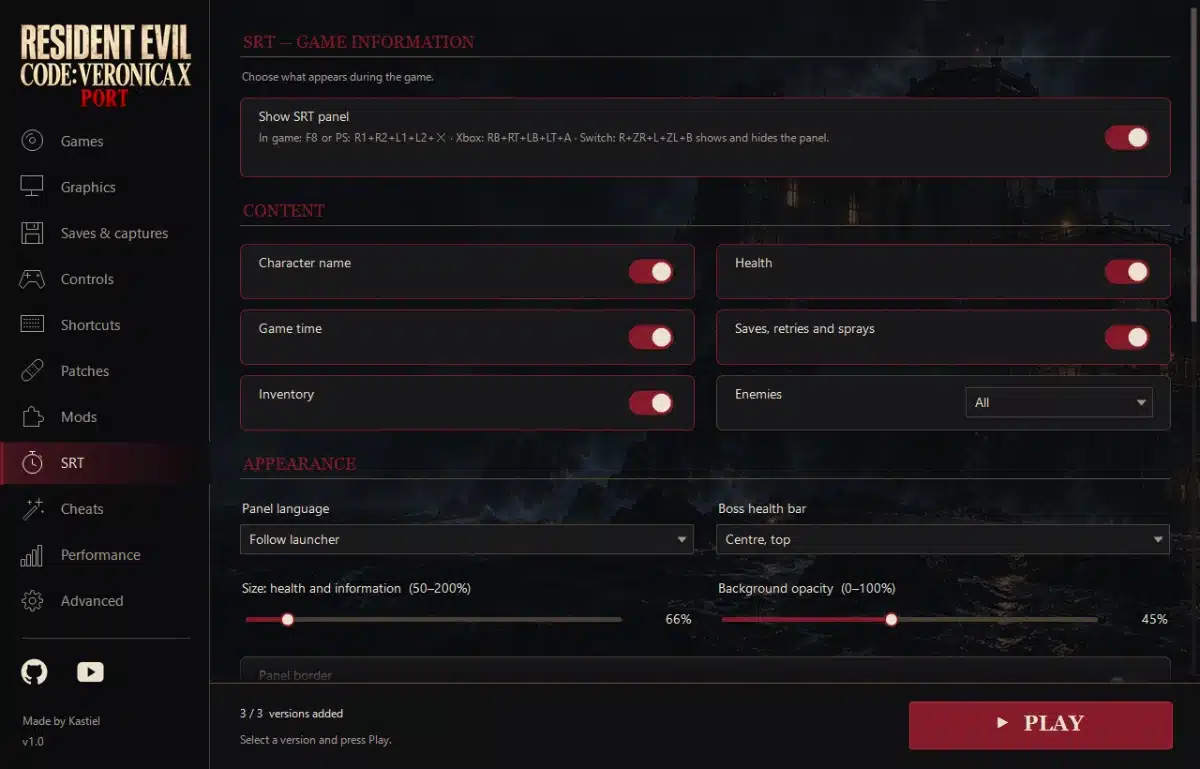 Resident Evil Code Veronica X launcher SRT settings with toggles for health, inventory, game time and enemy information.